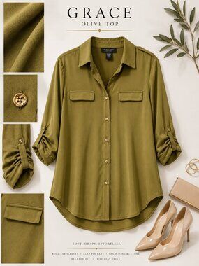 Grace Olive Button Down Collared Long Sleeve Top NWT